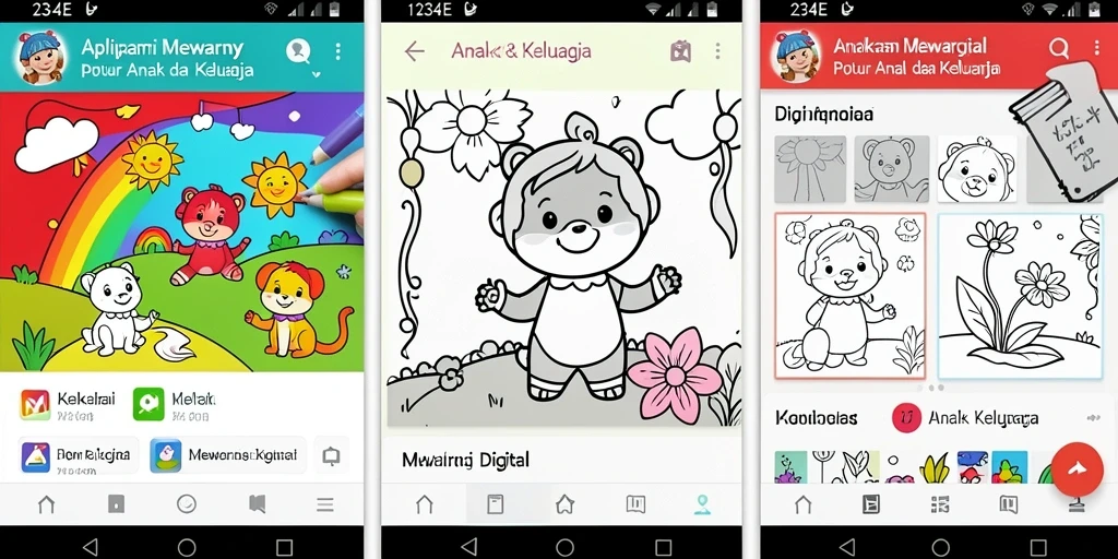 Antarmuka pengguna aplikasi Mewarnai Digital 234E yang ceria dan interaktif.