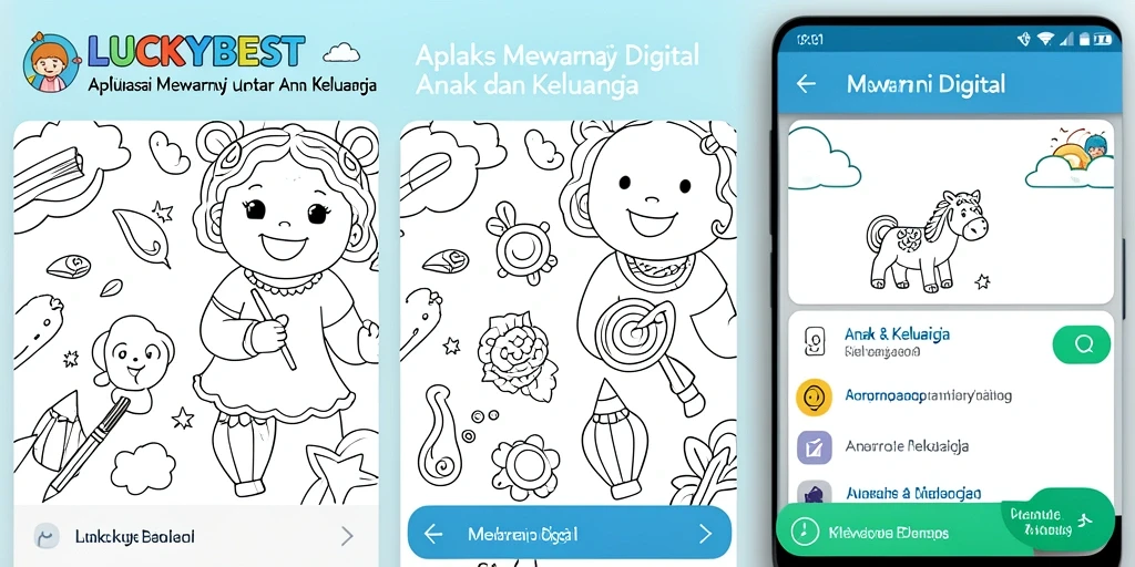 Antarmuka LUCKYBEST menunjukkan beragam alat mewarnai yang menarik dan gambar untuk diwarnai.