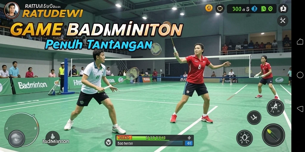 Tampilan antarmuka RATUDEWI dengan aksi badminton seru.